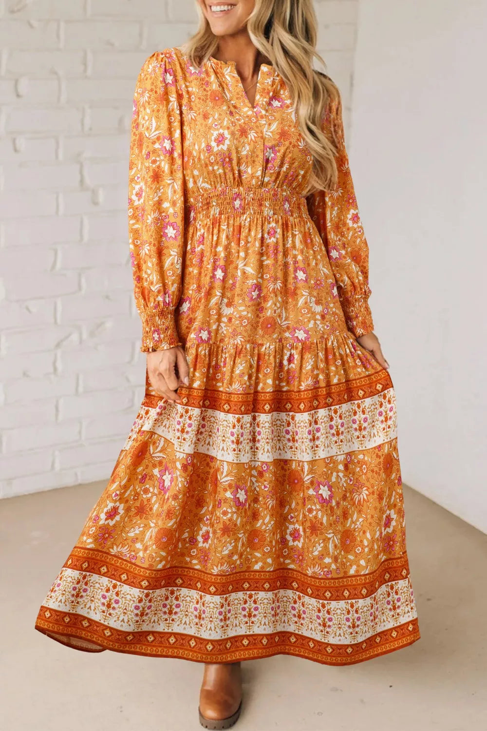 Sarah Express Floral Print Smocked Waist Long Sleeve Maxi Dress Tangerine