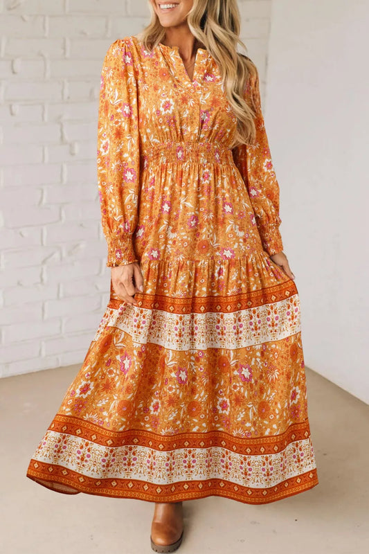 Sarah Express Floral Print Smocked Waist Long Sleeve Maxi Dress Tangerine