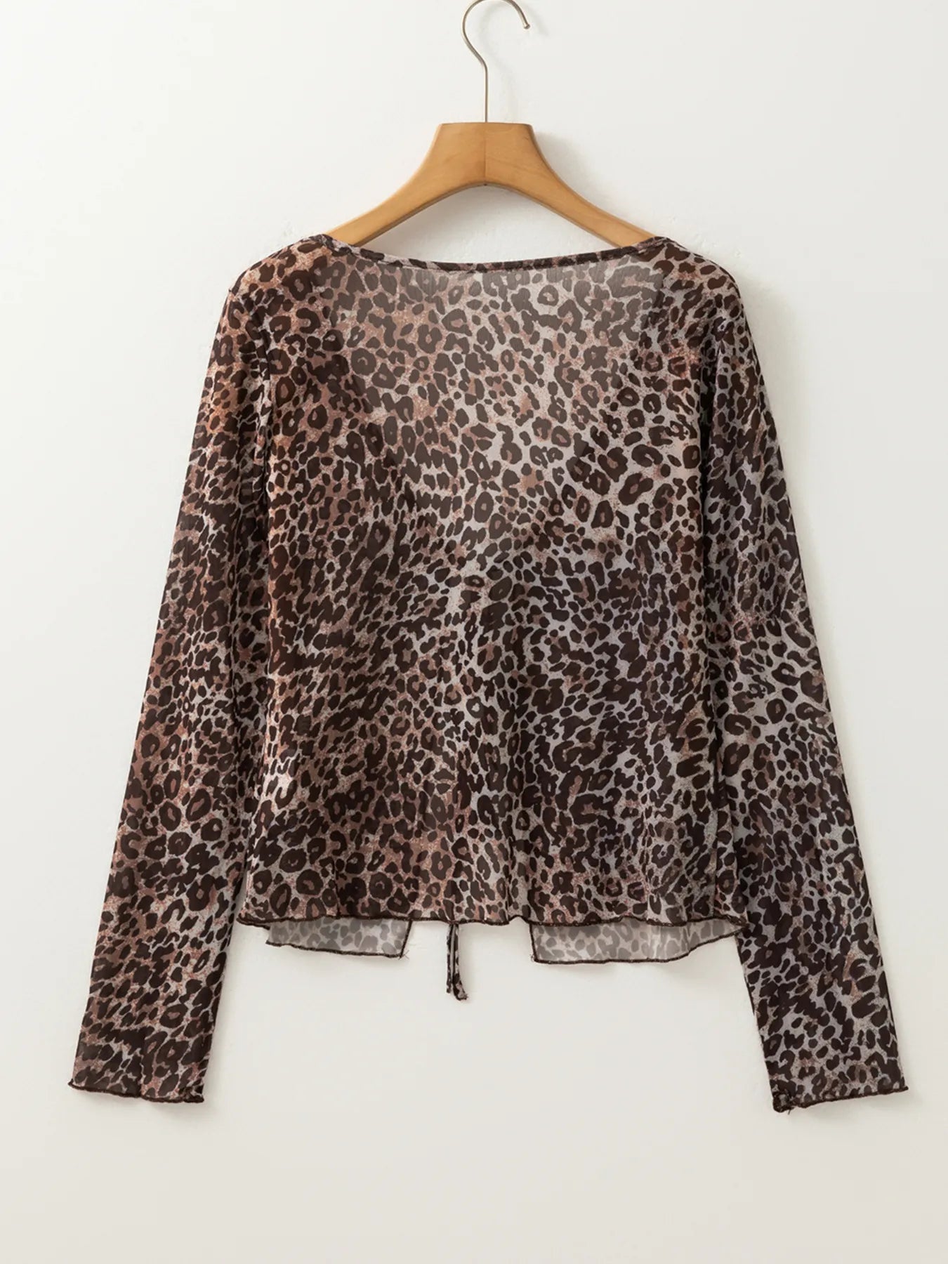 Sarah Express Women's Leopard Sheer Mesh Long Sleeve V Neck Lace-Up Blouse