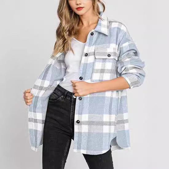 Sarah Express Women's Plaid Buckle Jacket - Loose Fit Long Sleeve Shacket Coat
