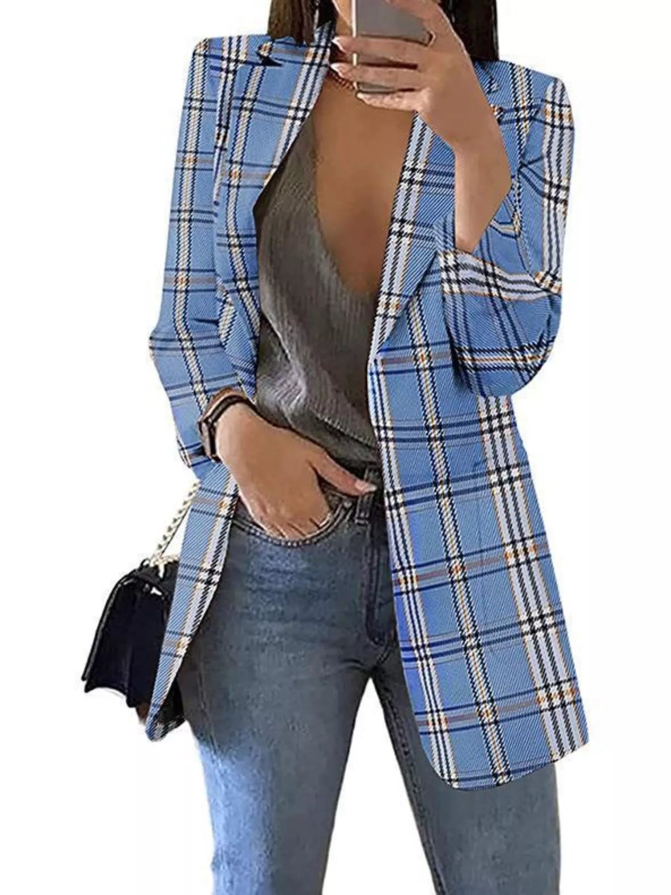 Sarah Express Women's Plaid Lapel Collar Blazer Blue