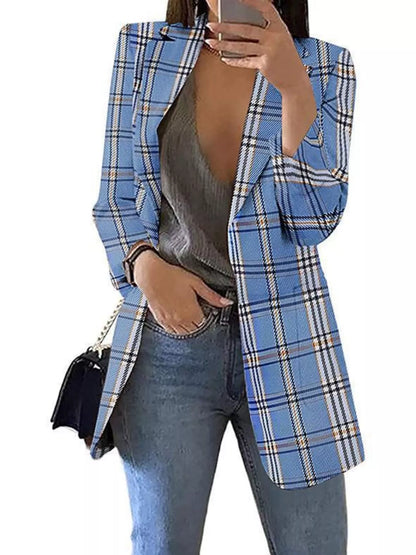 Sarah Express Women's Plaid Lapel Collar Blazer Blue