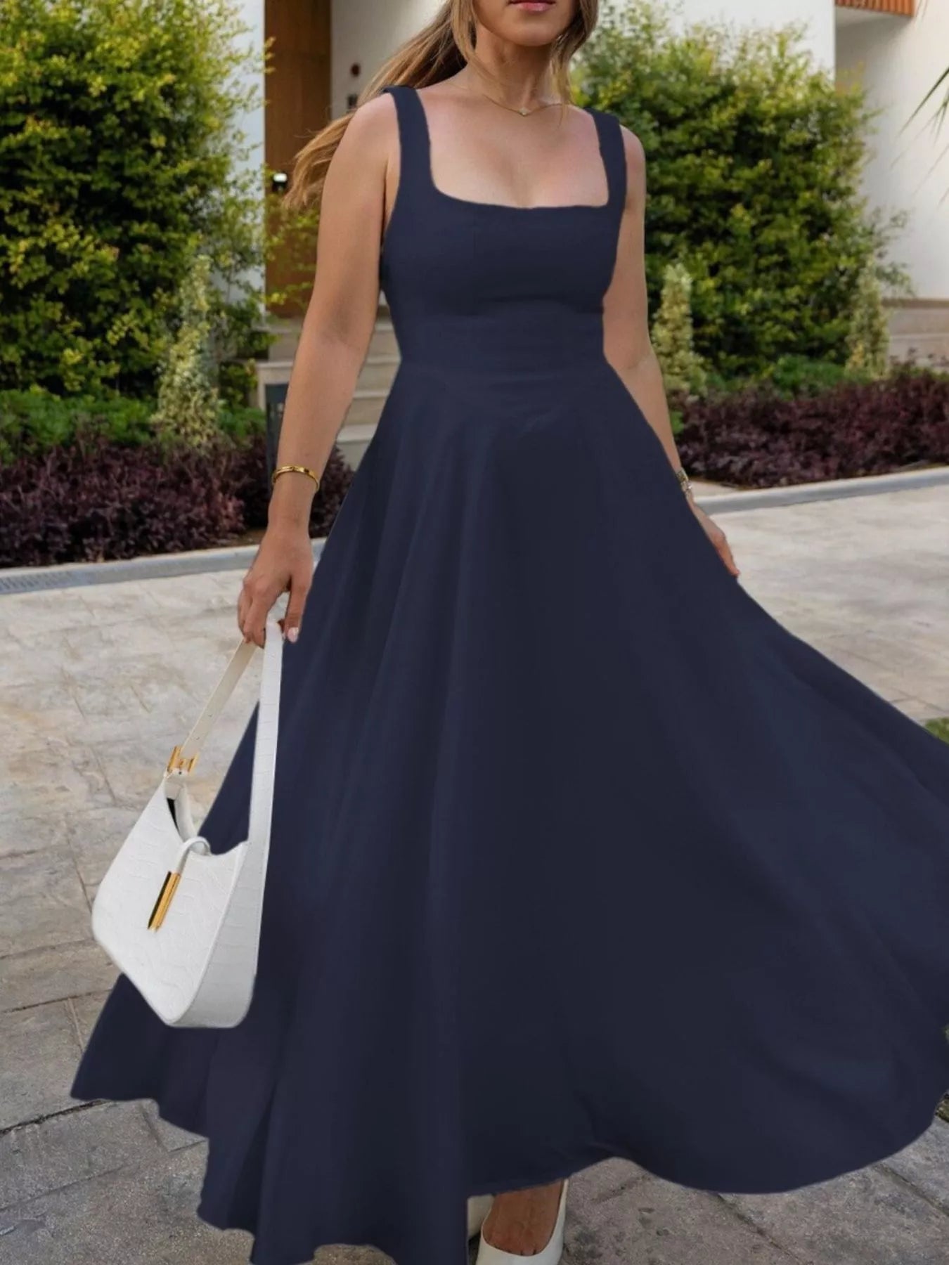 Sarah Express Women's Square Neck Wide Strap A-Line Dress Cotton Blend Casual Midi Dress