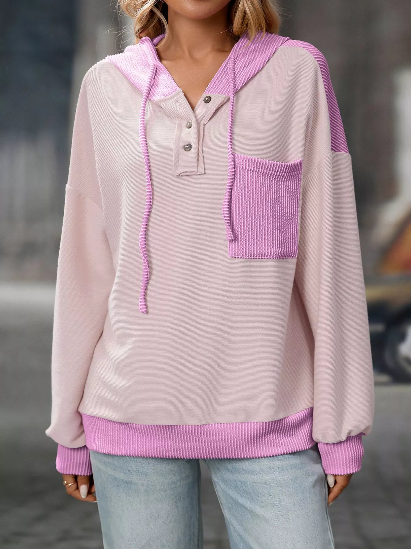 Sarah Express Women's Casual Color Block Button Detail Hoodie