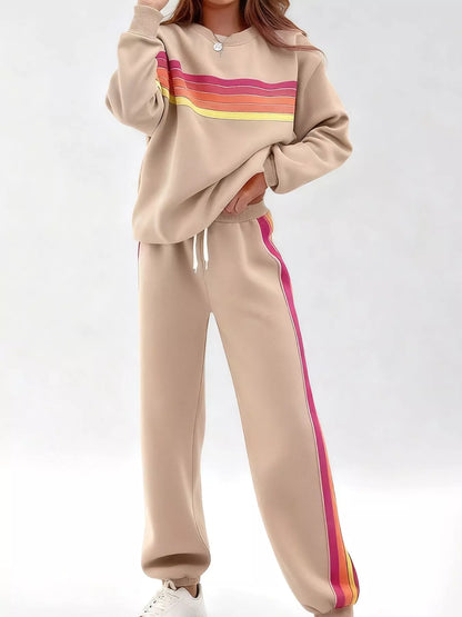 Sarah Express Women's Striped Round Neck Sweatshirt and Pants Lounge Set Khaki Color