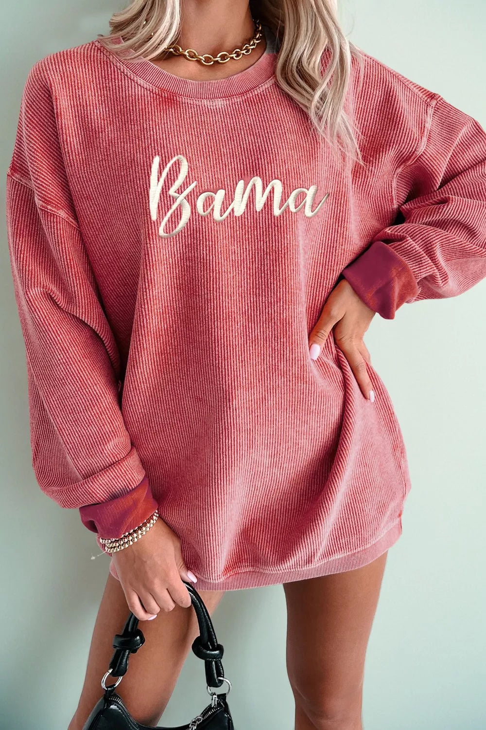 Sarah Express Women's Bama Embroidered Letter Graphic Corded Ribbed Sweatshirt Dusty Pink