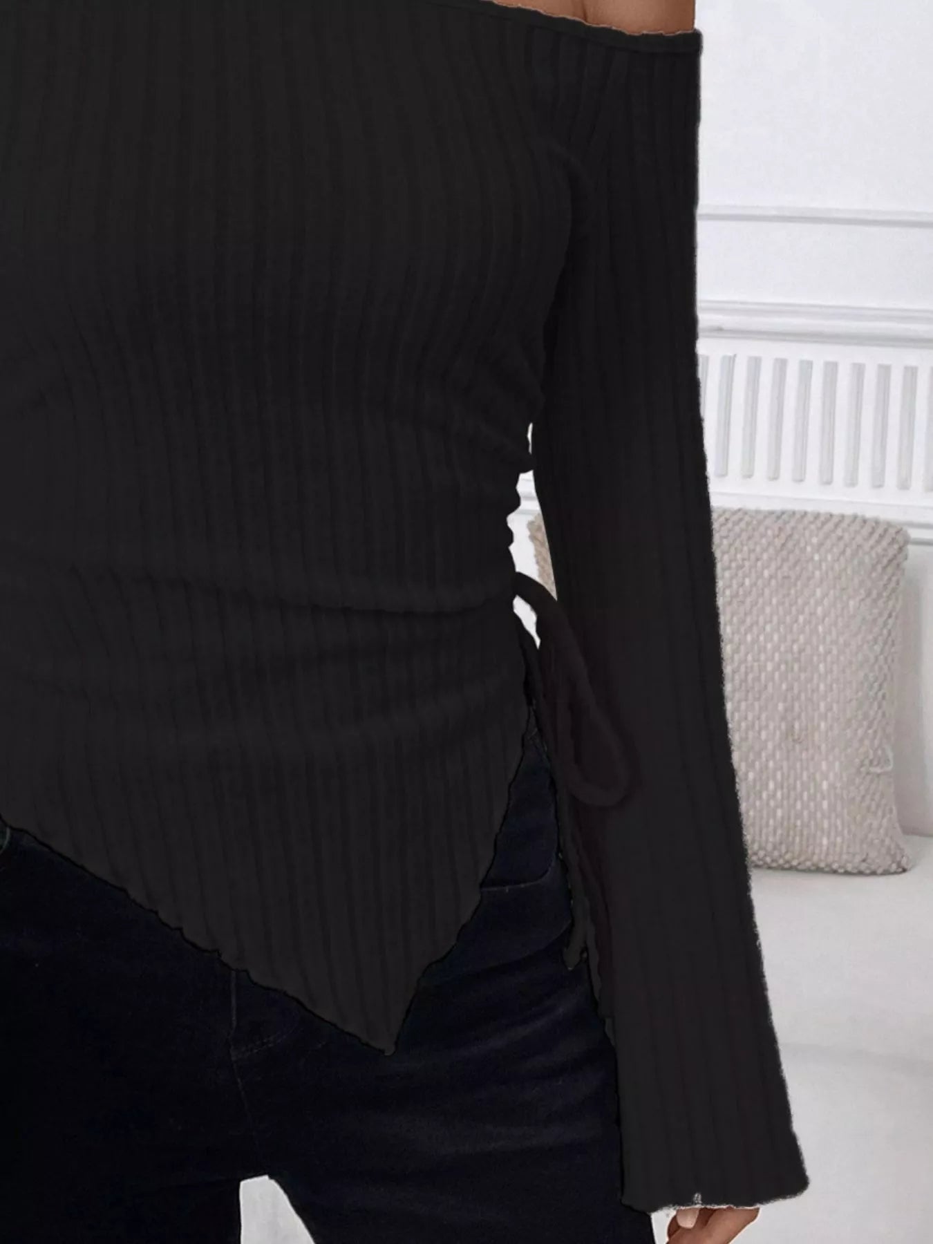 Sarah Express Women's Ribbed One Shoulder Asymmetrical Hem T-Shirt Black