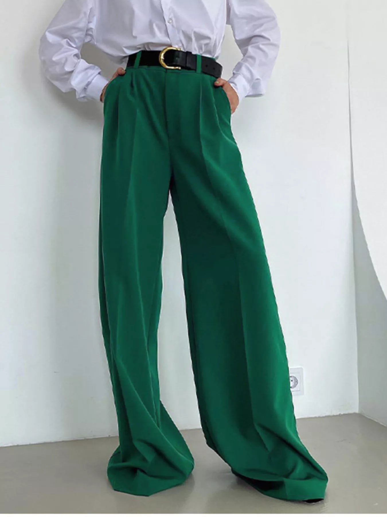 Sarah Express Women's Wide Leg Pleated Pants with Pockets - High Waist Palazzo Trousers