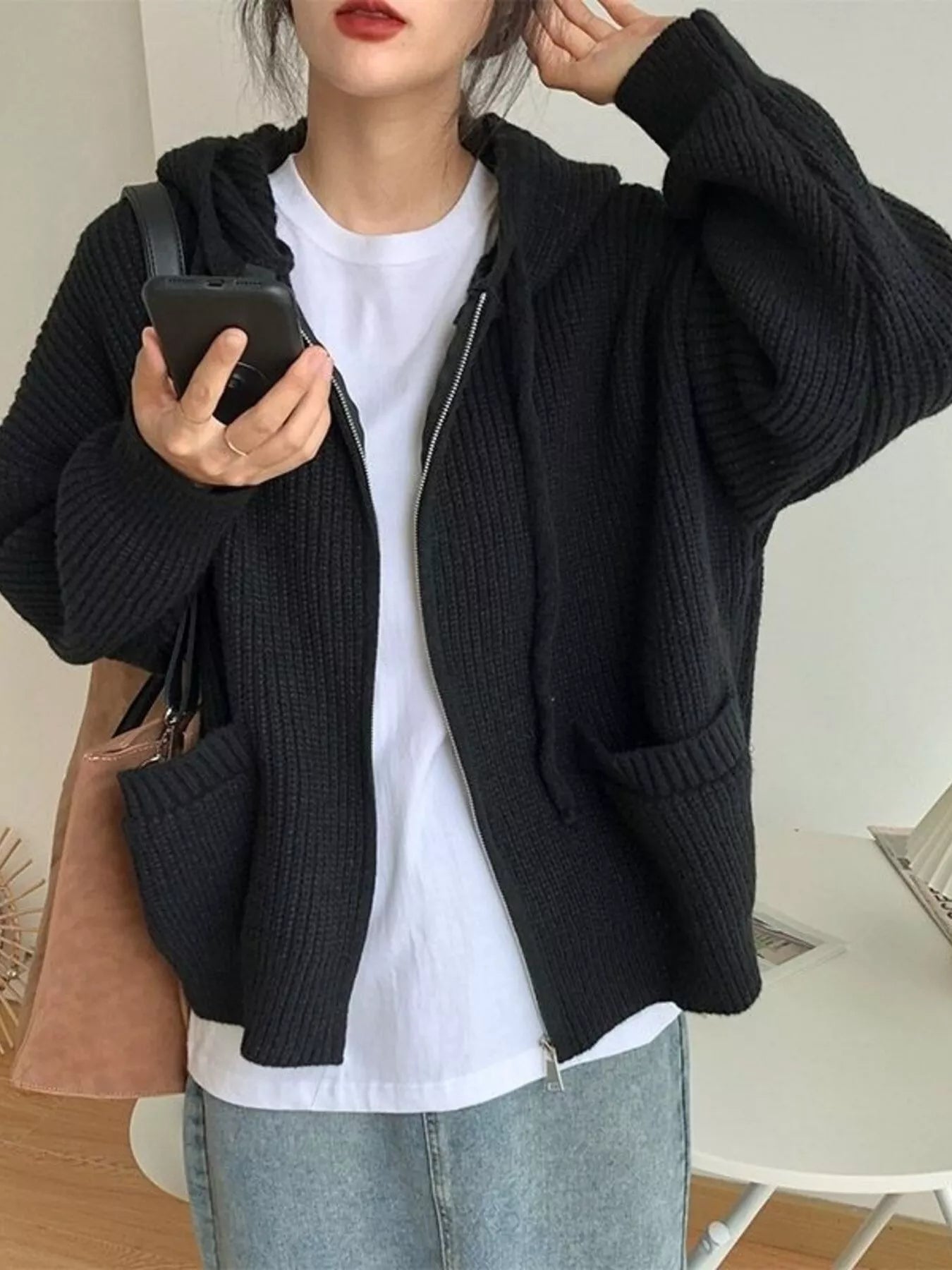 Sarah Express Women's Casual Knitted Zip-Up Hooded Cardigan