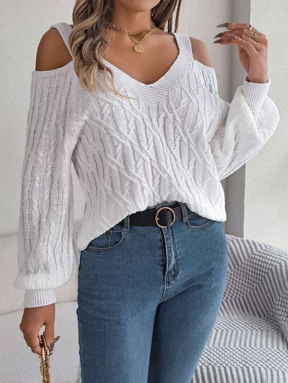 Sarah Express Women's Off-Shoulder Cable Knit Sweater - Casual Lantern Sleeve Pullover