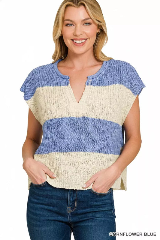 Sarah Express Women's Split Neck Sleeveless Stripe Sweater