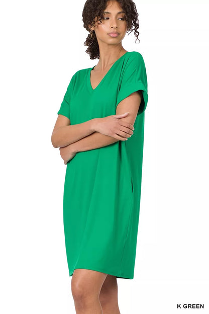 Sarah Express Women's Brushed Dty Rolled Short Sleeve V-Neck Dress K GREEN