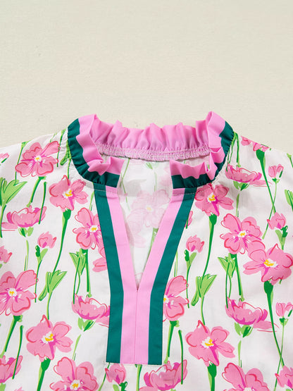 Sarah Express Women's Floral Print V Neck Ruffled Short Sleeve Blouse