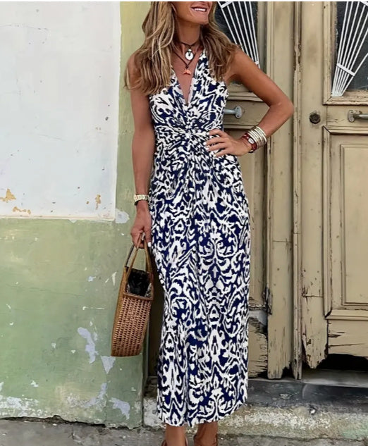 Sarah Express V-Neck Bohemian Floral Print Jumpsuit Blue One Piece