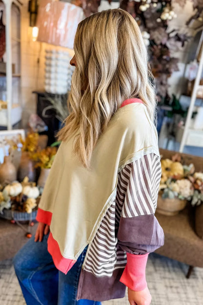 Sarah Express Women's Color Block Striped Patchwork Dolman Slit Sweatshirt