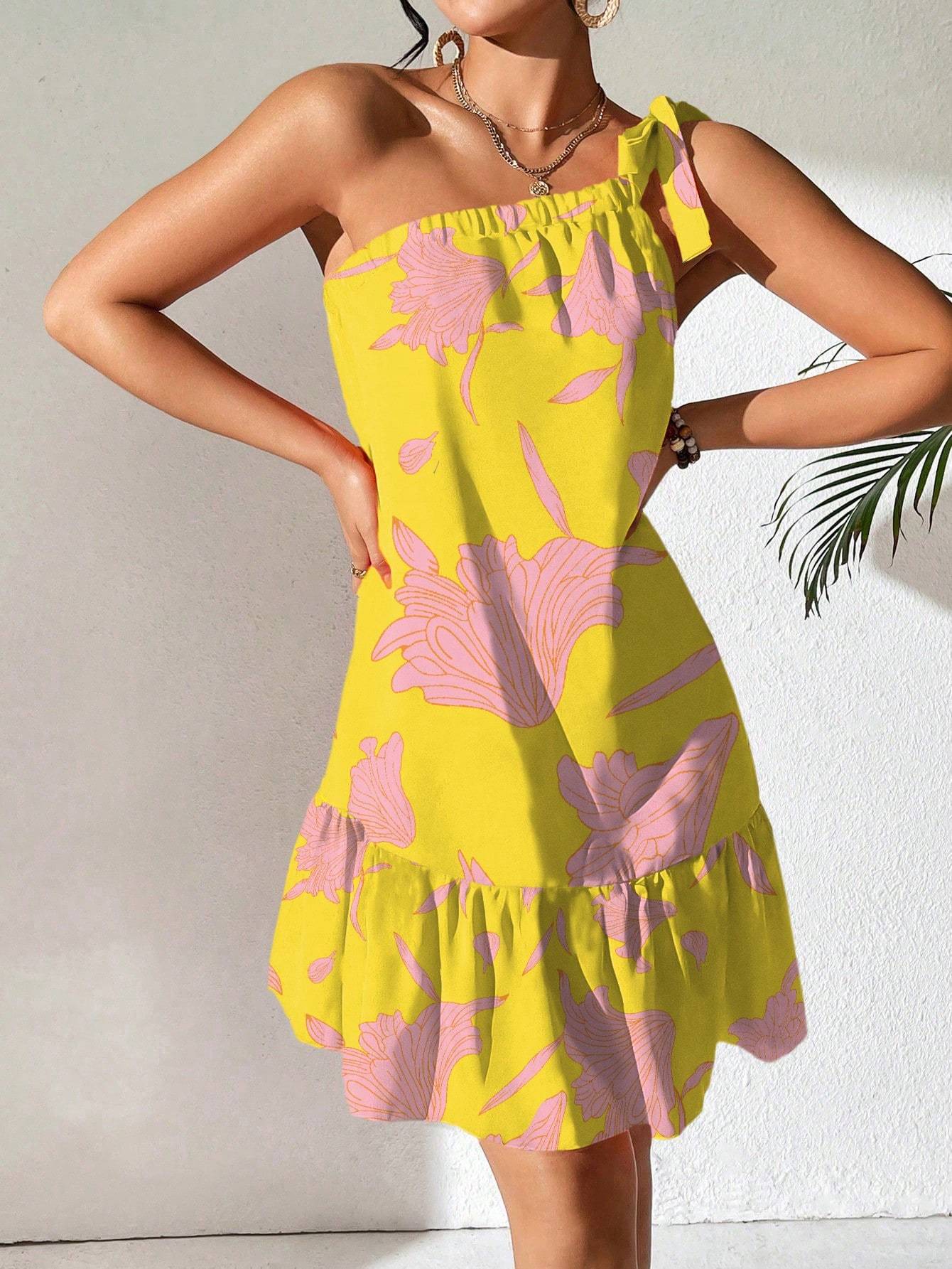 Sarah Express Floral Print One Shoulder Dress Ruffle Hem Sleeveless Midi Length