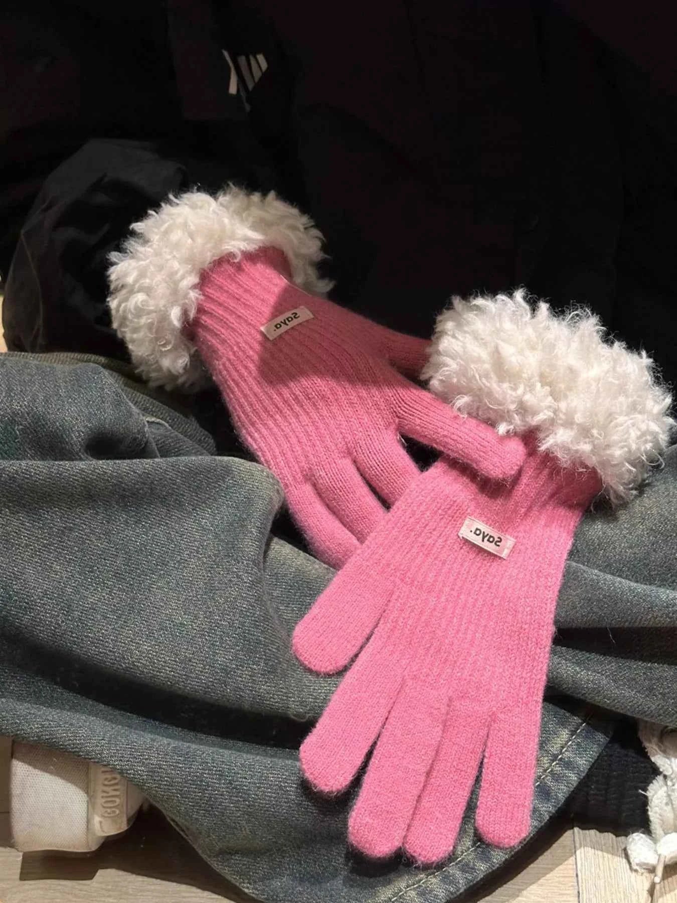 Sarah Express Women's Fuzzy Cuff Knitted Gloves - Warm Winter Cozy Soft Polyester Gloves