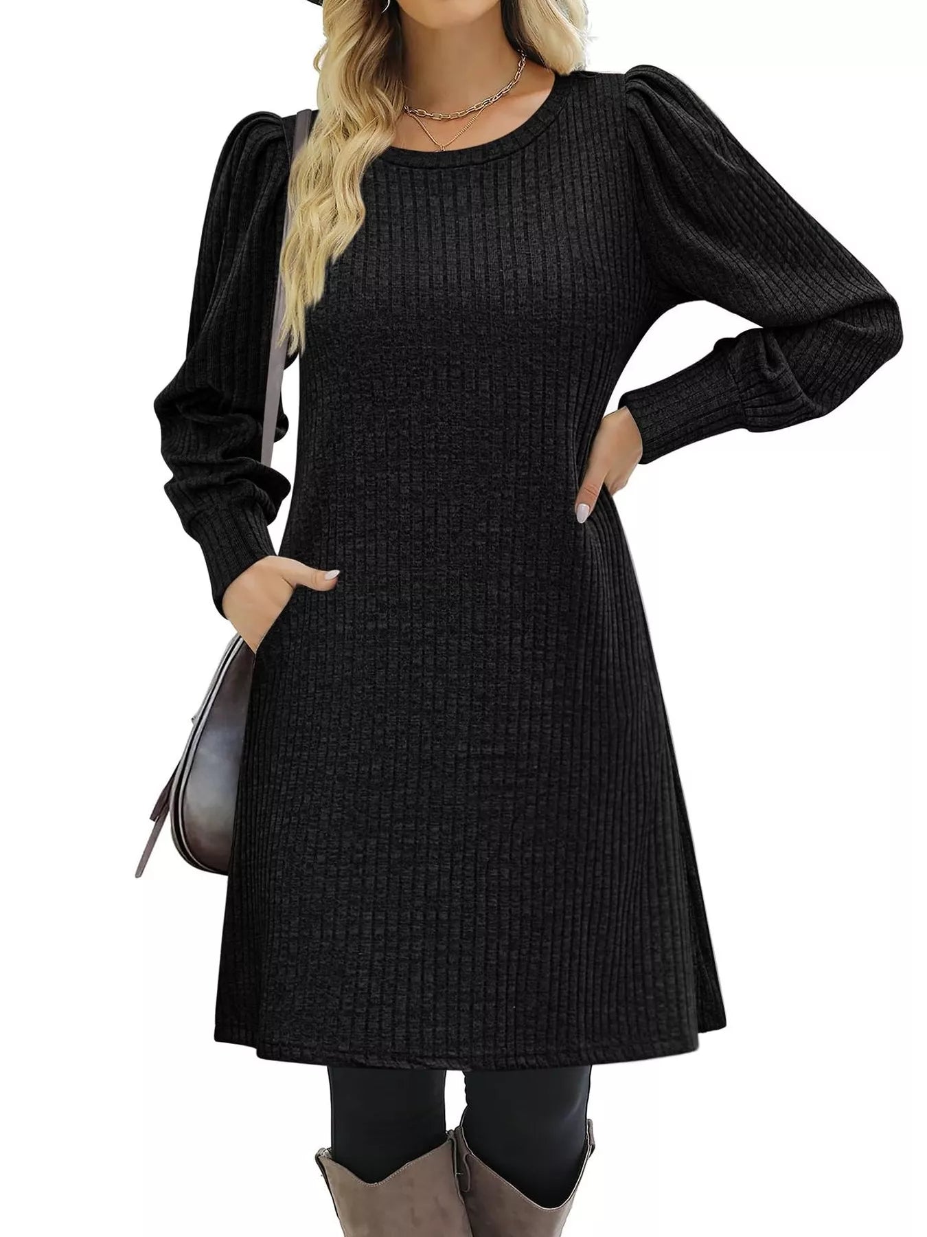 Sarah Express Women's Ribbed Knit Puff Sleeve Mini Dress