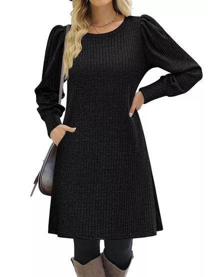 Sarah Express Women's Ribbed Knit Puff Sleeve Mini Dress