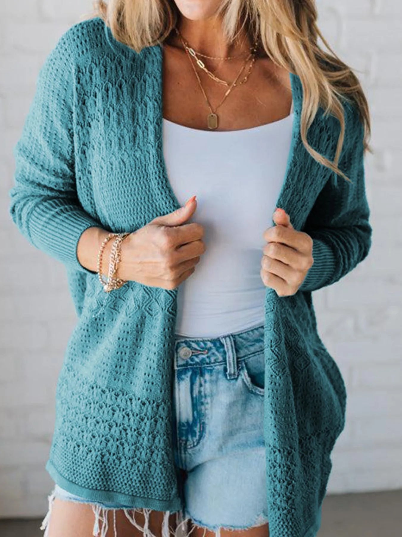 Sarah Express Women's Open Front Knitted Cardigan with Eyelet Details Teal