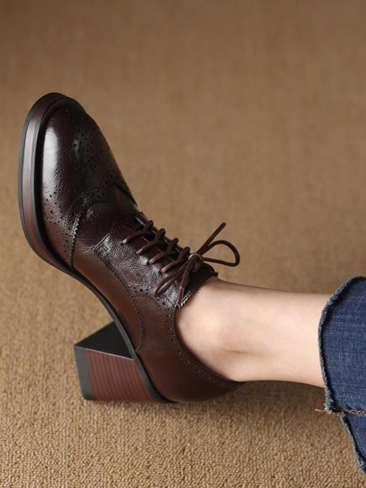 Sarah Express Women's British-Style Round-Toe Chunky Heel Pumps | Cross-Tie Strap Dress Shoes