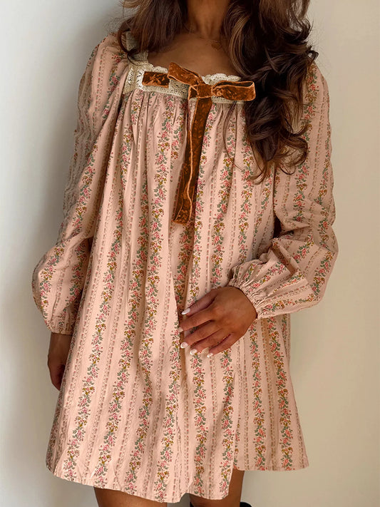 Sarah Express Women's Floral Print Bow Lace Long Sleeve Mini Dress - Romantic Loose Fit Pale Blush