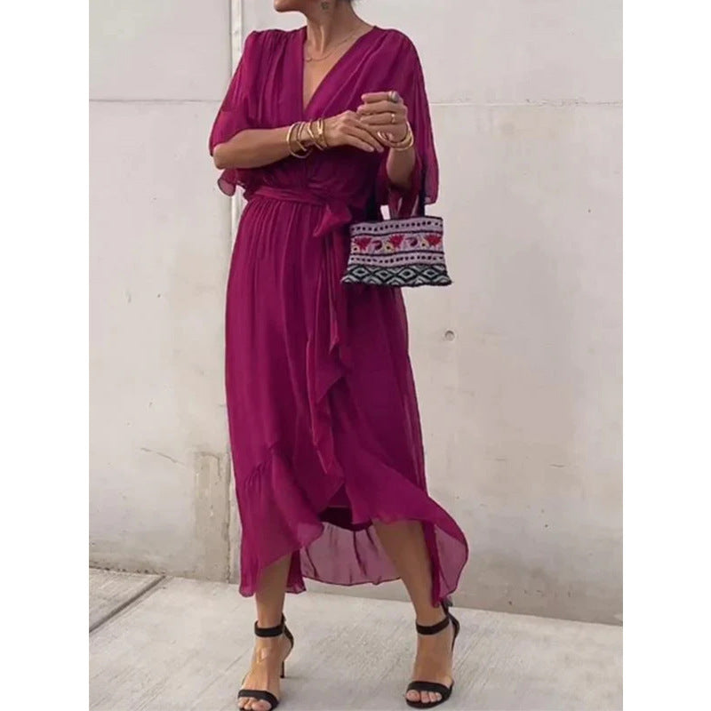 Sarah Express Women's Batwing Sleeve V-Neck Dress Summer Tie Detail Irregular Hem Mid-Length Fairy Dress