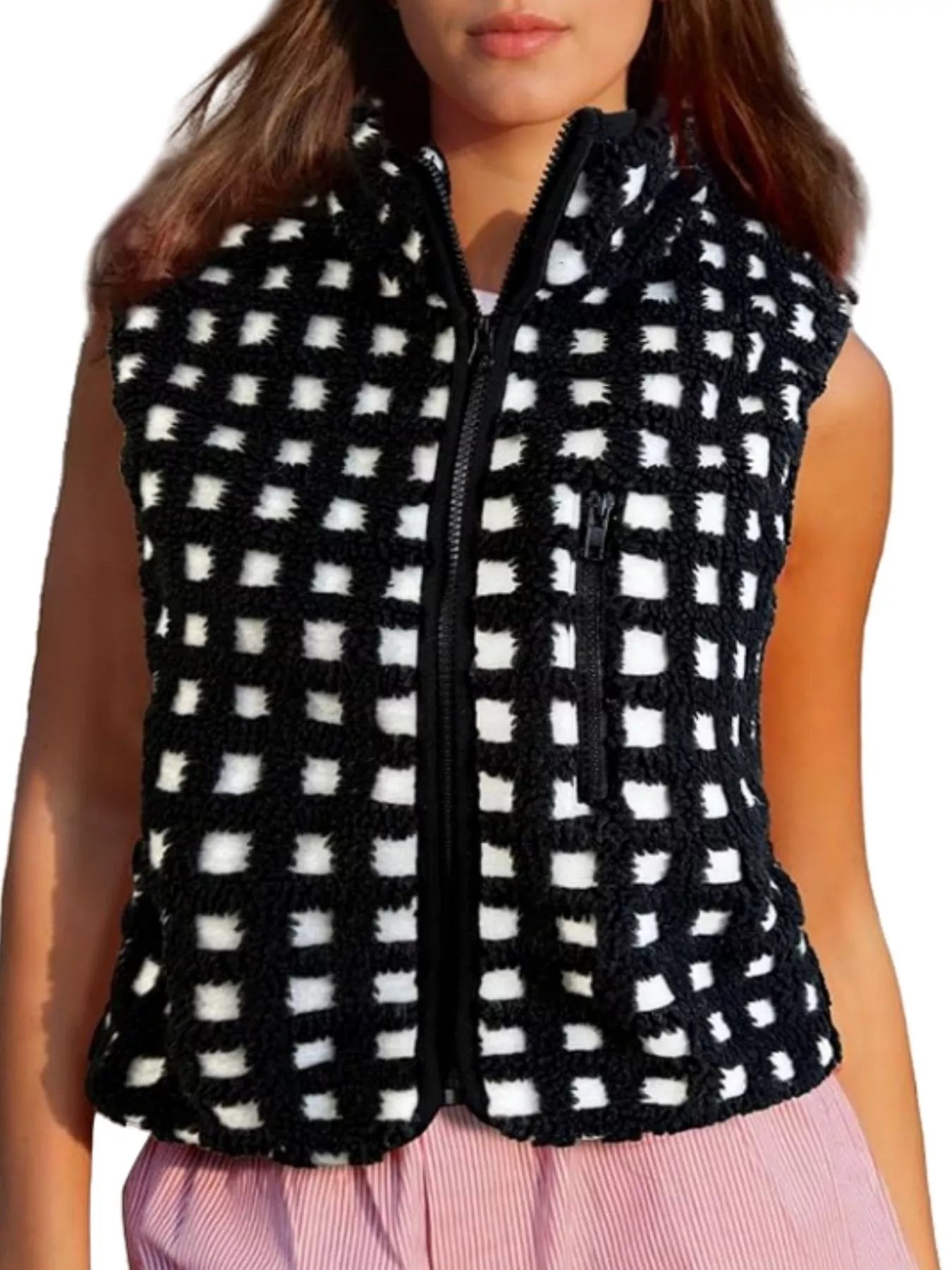 Sarah Express Women's Plaid Zip Up Vest Coat with Pockets - Sleeveless Outerwear Jacket Black And White
