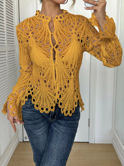 Sarah Express Women's Lace Button Up Long Sleeve Shirt - Elegant Openwork Blouse Yellow