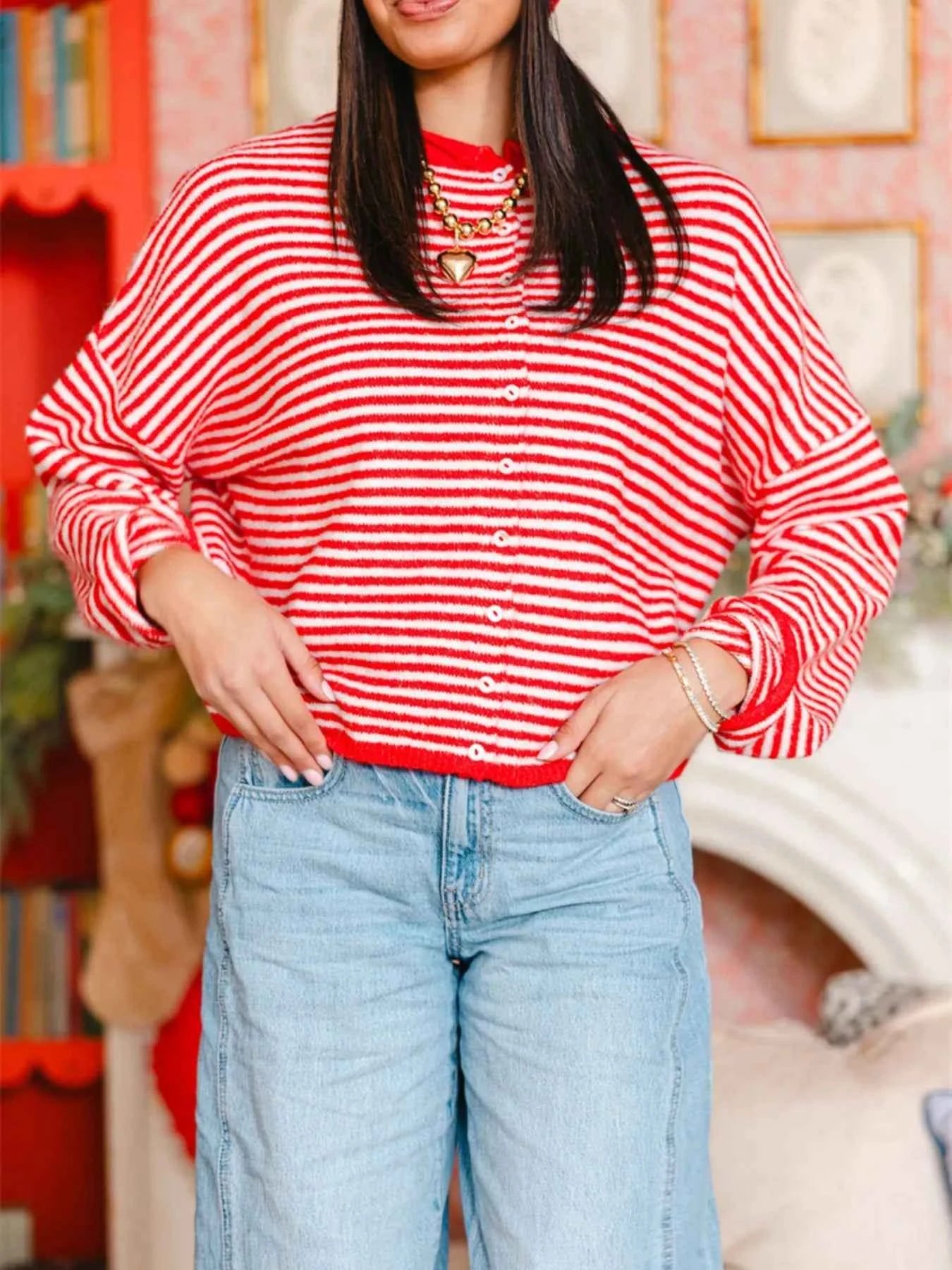 Sarah Express Women's Striped Button-Down Knit Cardigan - Long Sleeve Sweater