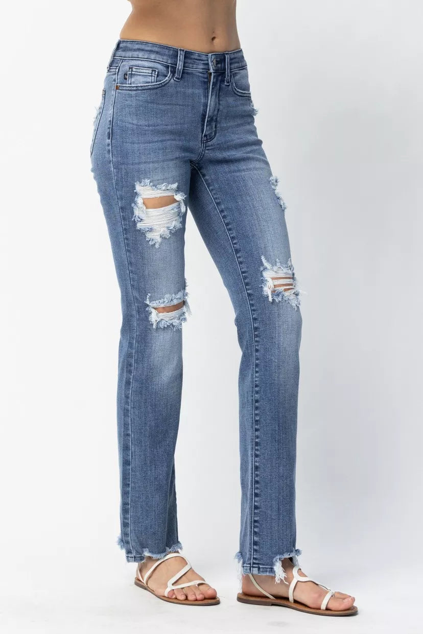 Sarah Express Women’s Plus Size Distressed Mid Rise Straight Jeans
