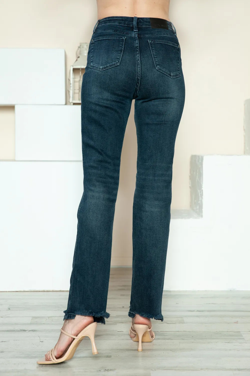 Sarah Express Women’s Plus Size High Rise Distressed Button Fly Straight Jeans
