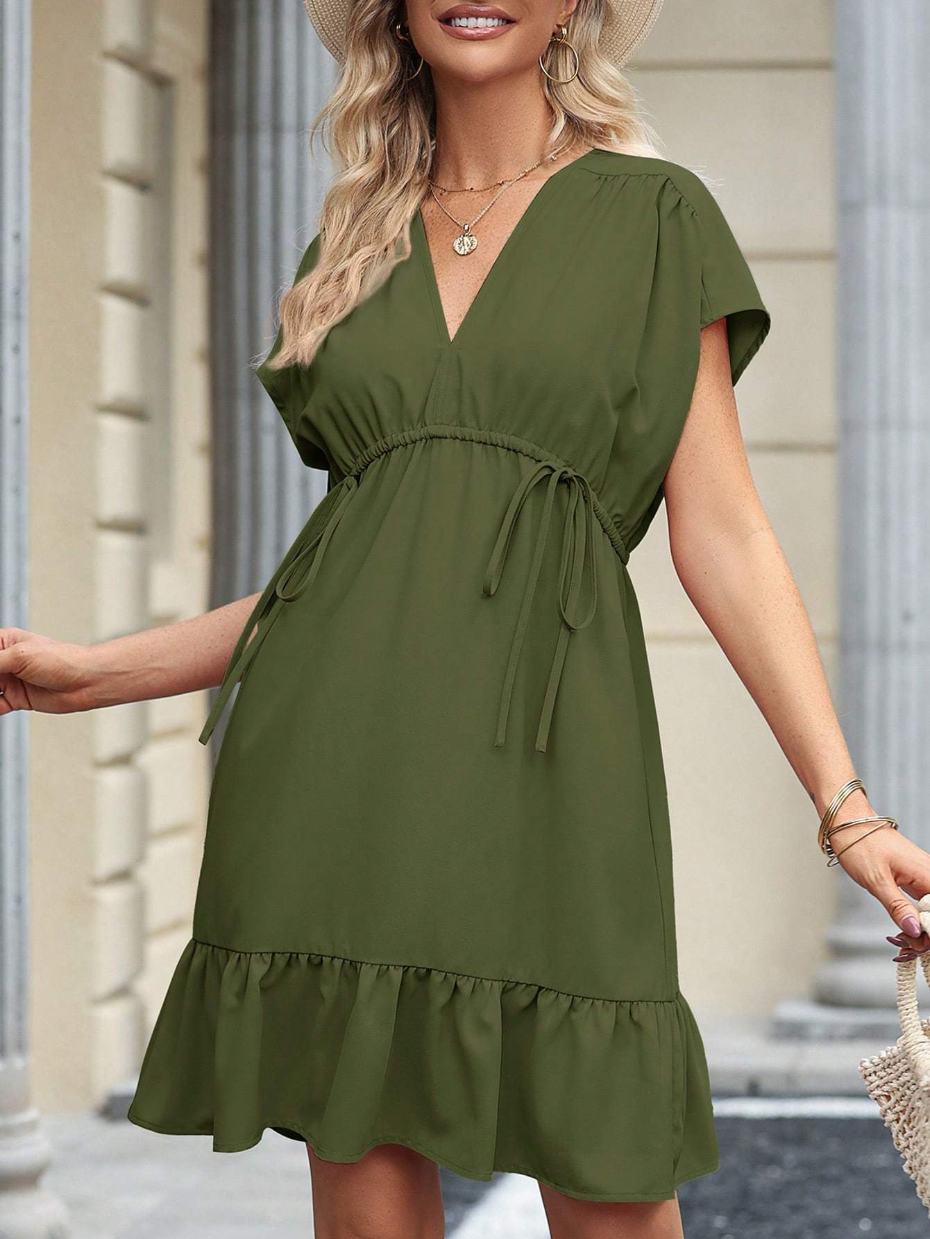 Sarah Express Women's V-Neck Short Sleeve Drawstring Ruffle Babydoll Dress