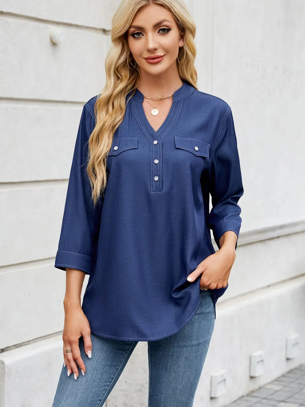 Sarah Express Women's Notched Three-Quarter Sleeve Denim Top Dark Navy