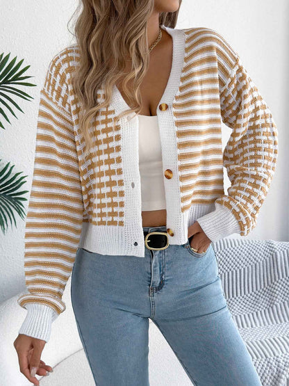 Sarah Express Women's Color Block Stripe Cardigan Sweater Lantern Sleeve Knit