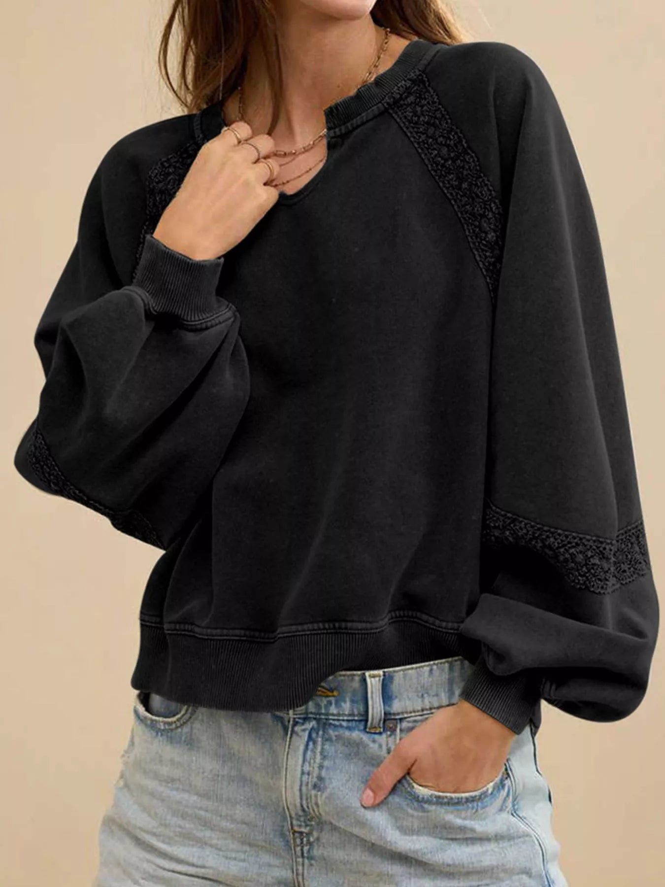 Sarah Express Women's Notched Raglan Sleeve Sweatshirt with Lace Detail Black