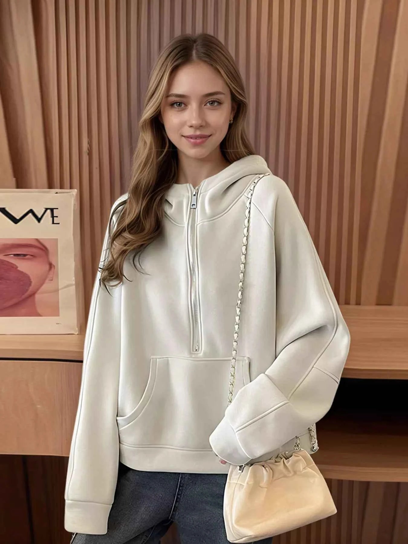 Sarah Express Women's Half-Zip Hoodie with Pockets - Casual Long Sleeve Pullover Apricot One Size