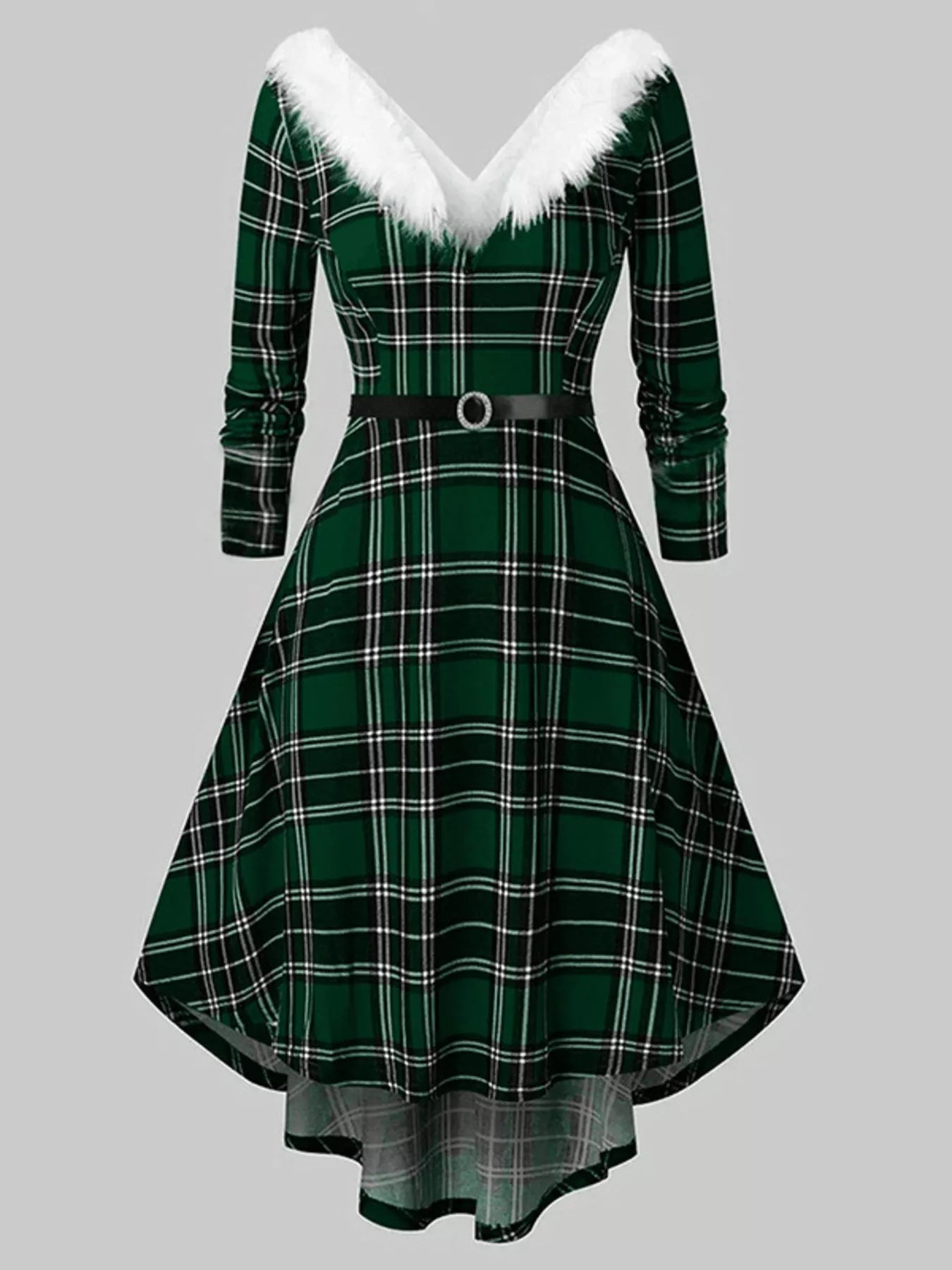 Sarah Express Women's Fuzzy Trim Long Sleeve Christmas Dress Green Plaid 2XL