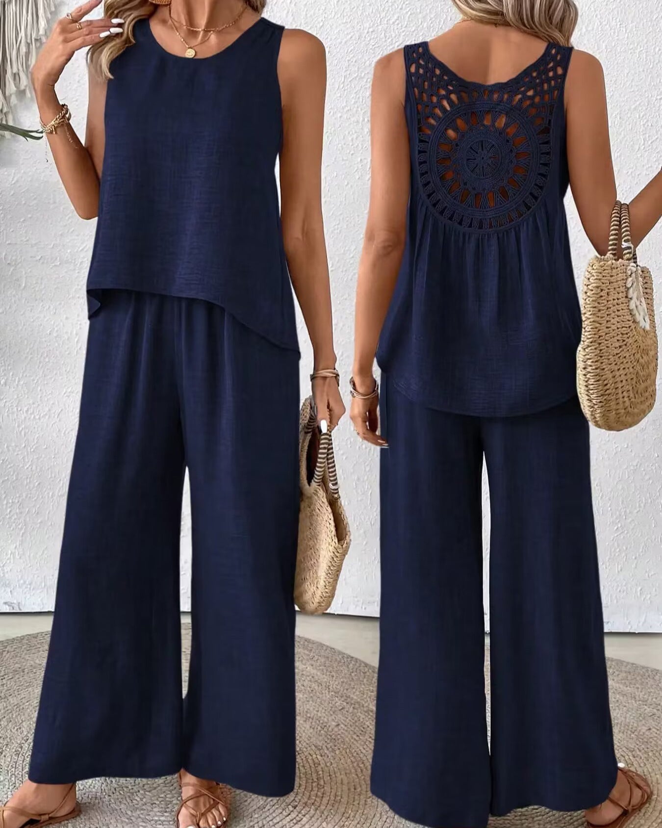 Sarah Express Women's Sleeveless Top and Pants Set with Lace Back Detail