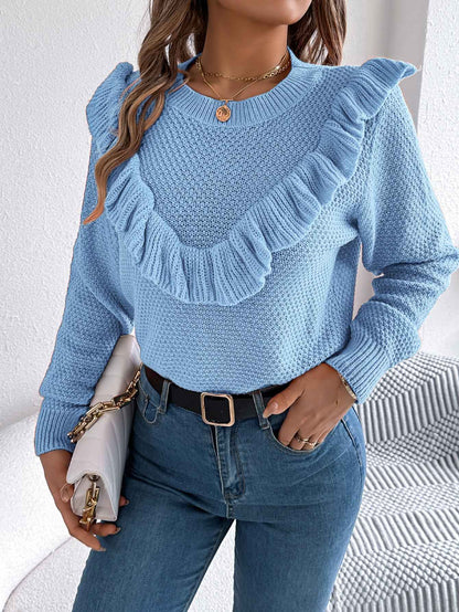 Sarah Express Women's Ruffled Long Sleeve Pullover Sweater - Elegant Solid Color Knitwear Blue
