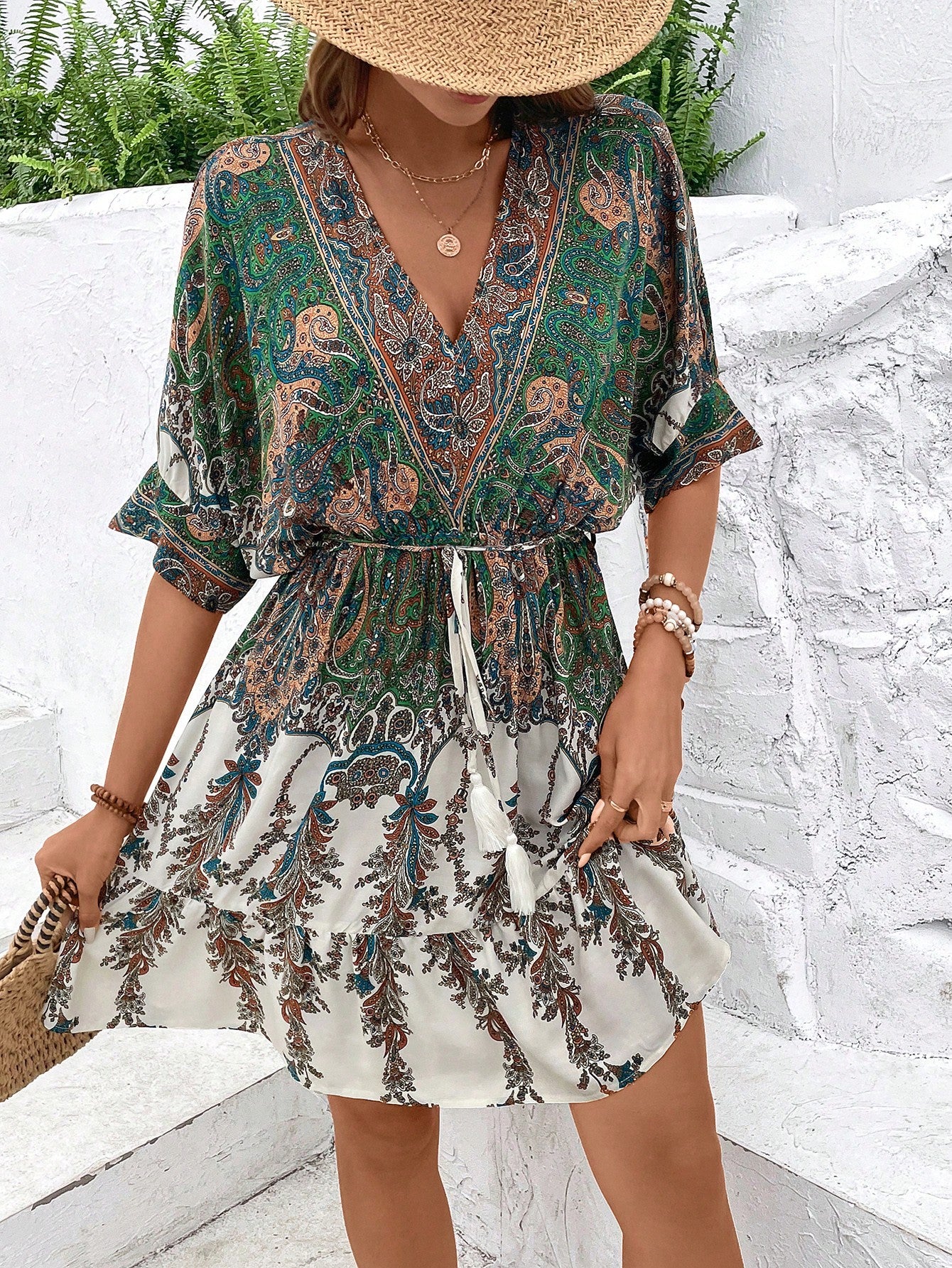 Sarah Express Women's Paisley Print Batwing Sleeve Ruffle Hem Dress Tassel Tie Front