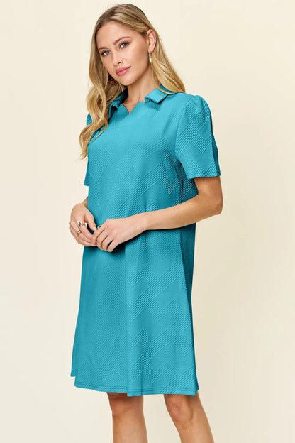 Sarah Express Women's Textured Collared Neck Short Sleeve Dress Pastel Blue