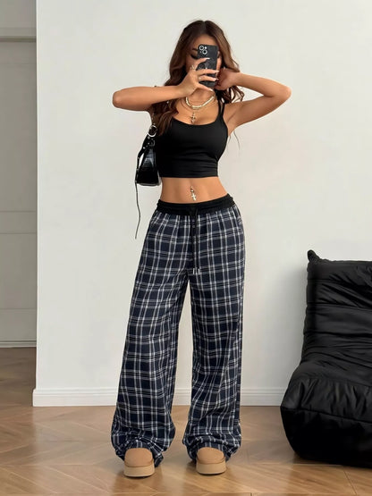 Sarah Express Women's Plaid Wide Leg Pants with Drawstring and Pockets