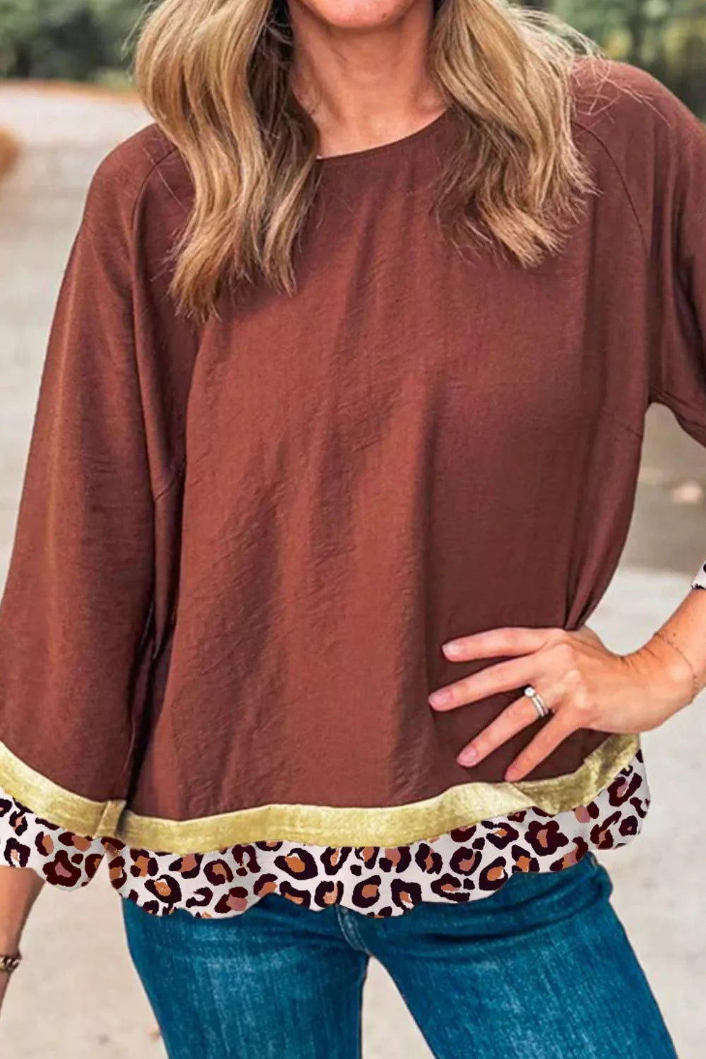 Sarah Express Women's Leopard Trim Round Neck Blouse