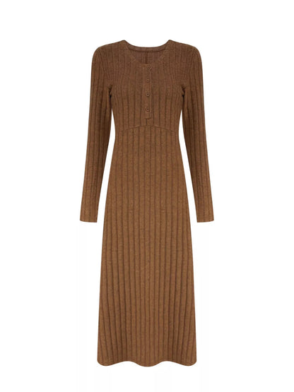 Sarah Express Women's Ribbed Knit V-Neck Maxi Dress - Button Front Long Dress