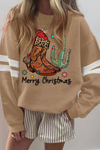 Sarah Express Women's Merry Christmas Cowboy Boot Cactus Casual Sweatshirt Khaki