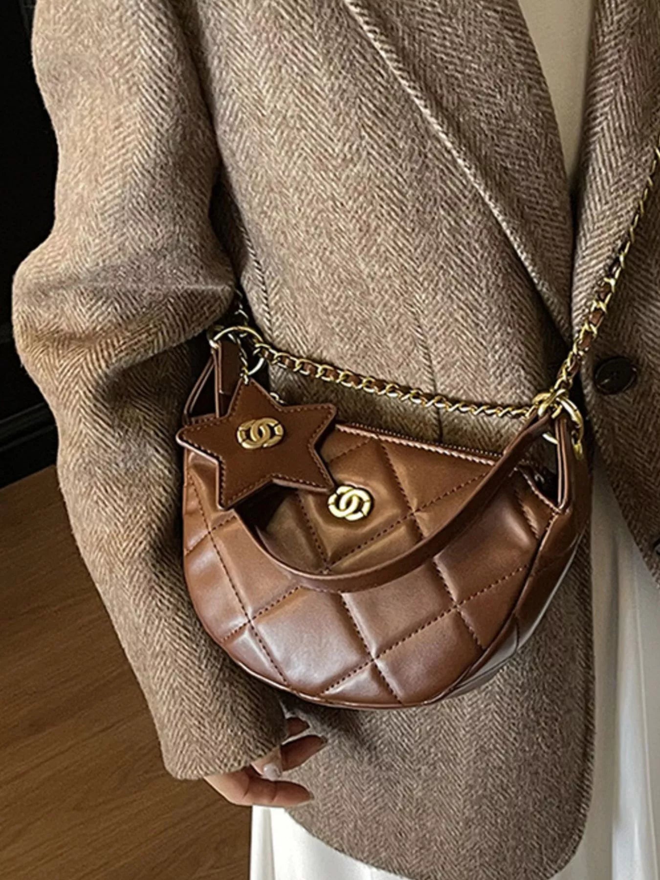 Sarah Express Women's Quilted Chain Crossbody Bag - Mini PU Leather Shoulder Purse Brown ONESIZE