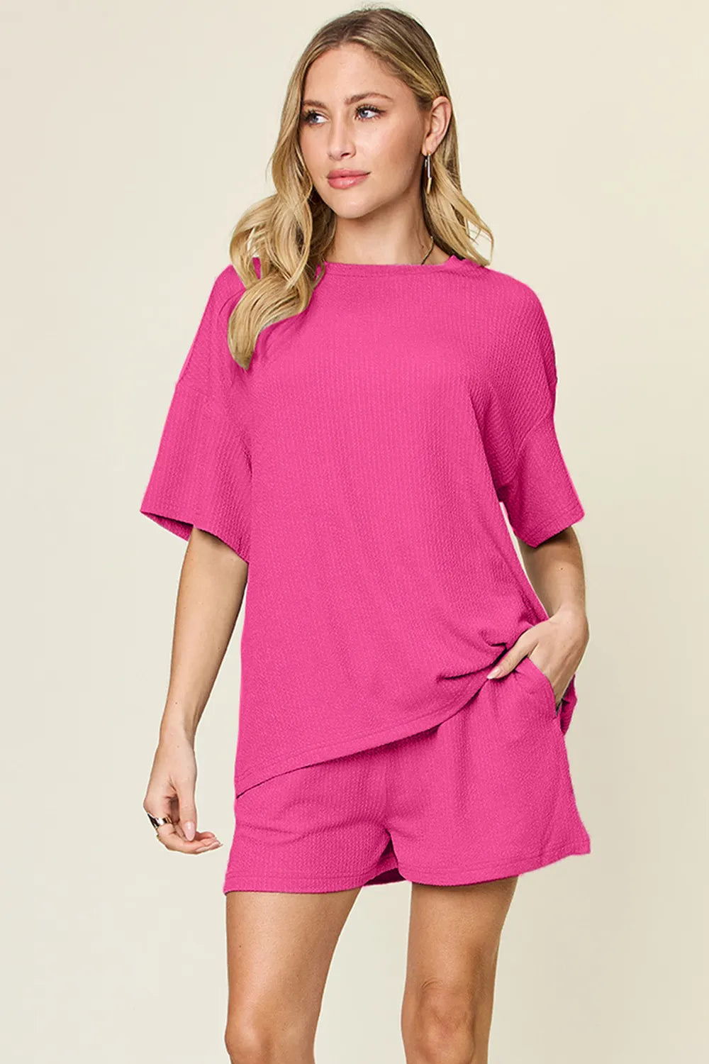 Sarah Express Women's Round Neck Solid Two-Piece Set - Basic Style Loungewear Hot Pink