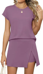 Sarah Express Women's Two Piece Skort Set Short Sleeve Top Matching Casual Suit