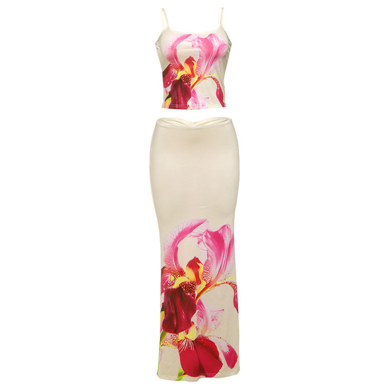 Sarah Express Women's Two-Piece Crop Top Maxi Skirt Set Sleeveless Street Style